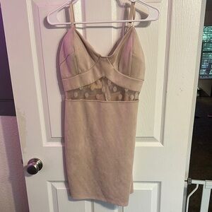 Beige Sleeveless Dress with Sheer Polka Dot Detail